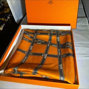 Hermes popular orange silk ribbon scarf